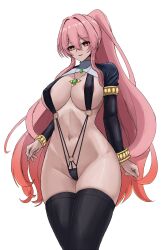 1girls absurdres bikini black_legwear covered_nipples duel_monster exosister_martha exosisters highres jewelry long_hair navel necklace nun o-ring o-ring_bikini open_mouth pink_hair ponytail shrug_(clothing) simple_background skindentation sling_bikini smile swimsuit thighhighs wedj2447 white_background wide_hips yu-gi-oh!