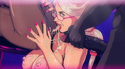 big_breasts big_penis cum cum_in_mouth cum_in_pussy cum_on_breasts cum_on_face dark-skinned_male glasses milf red_lipstick threesome tongue tongue_out wetrabbit