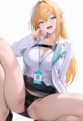 1girls ai_generated black_panties black_skirt blue_eyes blush cleavage female female_only goddess_of_victory:_nikke hair_between_eyes large_breasts long_hair maxwell_(nikke) orange_hair panties seductive seductive_smile shirt simple_background skirt spread_legs thick_thighs thighs white_background