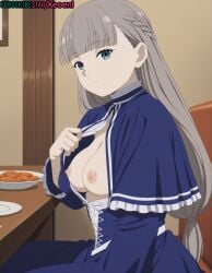 1girls accurate_art_style ai_generated bangs big_breasts blue_capelet blue_dress blue_eyes blush braid capelet cross-laced_clothes date dress dress_lift exposed_breasts expressionless female flashing flashing_breasts frieren_beyond_journey's_end frills grey_hair hi_res keoenl lawine_(sousou_no_frieren) long_hair looking_at_viewer medium_breasts nipples panties_aside pov restaurant serious sexy side_braid side_view sitting solo_focus sousou_no_frieren subscribestar thick_thighs thighhighs white_thighhighs wide_hips