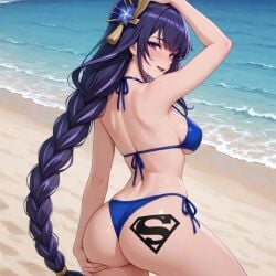 1girls ai_assisted ai_generated bikini bikini_bottom bikini_top blue_bikini breasts crossover dc dc_comics female hair_ornament lewd looking_at_viewer pose posing purple_eyes purple_hair raiden_shogun sexy smile soaked solo solo_female solo_focus superman superman_(series) superman_logo tattoo tattoo_on_ass tattoo_on_butt themed_clothes thick_thighs thighs