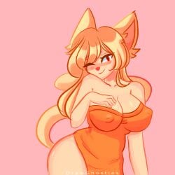 big_breasts blonde_hair blush cat_ears drawghosties dress furry ni_no_kuni_2 nipple_bulge wide_hips wink