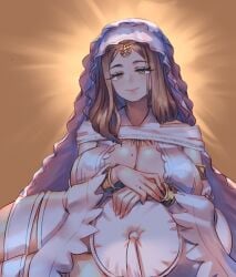 big_breasts breast_rest brown_hair circlet cleavage dark_souls female female_only fromsoftware goddess gold_(metal) gold_jewelry halo huge_breasts looking_at_viewer medium_hair mole_on_breast quanero queen_of_sunlight_gwynevere sideboob smile solo veil yellow_eyes