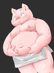 2018 anthro balls barely_visible_balls barely_visible_genitalia belly blush domestic_pig genitals humanoid_hands kemono male male_only mammal meg_hoi moobs navel nipples overweight overweight_male simple_background solo suid suina sus_(pig) towel