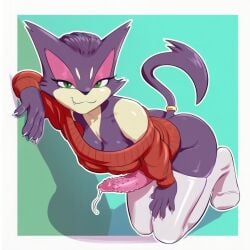 1futa :3 absolute_territory ai_assisted ai_generated animal_genitalia cat_ears cat_tail catgirl cleavage feline_penis female full_body furry futanari kokenaart leaning_forward oerba_yun_fang off_shoulder penis pokemon pokemon_(species) precum purple_fur purrloin simple_background slicked_back_hair sweater thighhighs