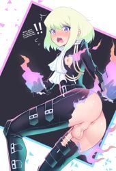 1boy androgynous artist_request ass ass_focus blush bob_cut clothed clothing embarrassed femboy femboy_only lio_fotia nervous nipple petite petite_body petite_male promare pyrokinesis short_hair slim slim_male slim_waist solo text tight_clothing twink