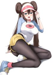 absurdres arm_behind_back black_pantyhose blue_eyes blue_shoes breasts bright_pupils brown_hair commentary_request donut_hair_bun double_bun female female_only fine_fabric_emphasis full_body hair_between_eyes hair_bun hand_up highres long_hair long_sleeves looking_at_another minazuki_(uraha246) nintendo open_mouth pantyhose pink_socks pokemon pokemon_bw2 rosa_(pokemon) shoes shorts simple_background smile sneakers socks socks_over_pantyhose solo very_long_hair visor_cap watch white_background white_pupils wristwatch yellow_shorts