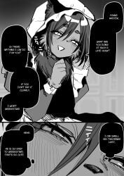 1girls big_breasts black_and_white busty busty_female busty_girl cat_ears cat_girl cat_humanoid catgirl chest_tuft comic cute cute_female e-hentai-galleries ehentai english_text felid felid_humanoid feline feline_humanoid furry furry_female hair horny horny_face horny_female horny_look human_on_furry internal_thoughts kemonomimi kuga_tsuniya looking_at_viewer maid maid_dress maid_outfit maid_uniform monochrome neko nekomimi scent_play sexy sexy_female smell