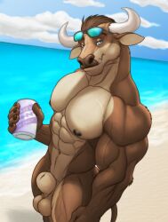 abs animal_genitalia anthro areola balls beach beverage_can biceps body_hair bovid bovine cattle cloud deltoids forearm_muscles genitals happy_trail hi_res looking_at_viewer male mammal muscular muscular_anthro muscular_male nipples nude obliques pecs quads sand sheath smile solo standing tear_trough trapezius triceps v-cut vein veiny_muscles water zwolf