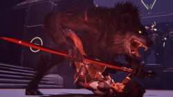 1boy 1girls 3d ahe_gao animated big_penis bottomless_female dominant glowing_eyes italian_female knot looking_pleasured male monster monster_on_female no_sound overwatch pleasure_face size_difference smiling tagme unshoreart vendetta video werewolf wolf