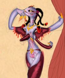 4_arms 4_fingers 5_eyes after_orgasm after_sex alien anat_(stargate) anthro blood blood_in_mouth blood_on_hand blush bodily_fluids claws clothed clothed_anthro clothed_female clothing crotchless_clothing cum cum_from_vagina cum_in_vagina cum_inside eyelashes featureless_chest female fin fingers flat_chested flower_mouth genital_fluids genitals gills goa'uld head_fin jewelry licking_blood looking_pleasured multi_arm multi_eye multi_limb no_underwear pupils purple_body shrug_(clothing) skimpy slit_pupils solo soulcentinel stargate vulva yellow_eyes