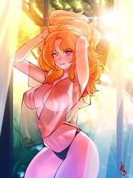 bikini_bottom cheunchin female large_breasts orange_hair original panties pink_eyes transparent_clothing voluptuous