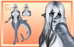 1girls bikini breasts duplicate ezium gray_body grey_body grey_skin higher_resolution_available inferior_version lips long_hair monster_girl shark_ears shark_girl shark_tail shiny_skin solo tagme tail violet_(ezium) white_bikini white_hair