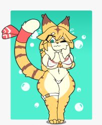 3_toes anthro areola areola_slip ass big_breasts big_butt big_tail bikini bodily_fluids breast_squish breasts brown_body brown_fur bubble bulging_breasts camel_toe chest_tuft cleavage cleavage_overflow clothed clothing cygames dipstick_ears dipstick_tail ear_markings eyebrow_through_hair eyebrows feet felid female fur gradient_background green_eyes hair hands_behind_back hi_res huge_breasts ineffective_clothing kerchief lynxafterd4rk mammal markings mia_(world_flipper) multicolored_ears nervous nipple_outline nipples one_eye_closed pantherine pupils shaking shortstack simple_background solo squish stripes sweat sweatdrop swimwear tail tail_markings thick_thighs tiger toes translucent translucent_hair tuft two-piece_swimsuit undersized_clothing wide_hips world_flipper yellow_body yellow_fur