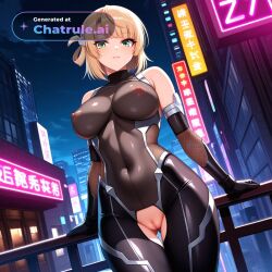 1girl ai_assisted ai_generated armor bare_shoulders black_bodysuit blonde_hair city cityscape clouds cowboy_shot crotchless curvy dark_theme detailed_pussy dynamic_lighting elbow_gloves eyelashes fishnets gloves green_eyes hair_rings high_contrast kagami_hirotaka koukawa_oboro looking_at_viewer neon_lights night night_sky outdoors soft_shading taimanin_asagi_zero taimanin_suit thigh_gap visible_pussy