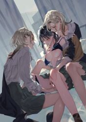 3girls absurdres arm_out_of_sleeve black_hair black_nails black_socks blank_censor blonde_hair blue_bra blue_panties blush bra breasts censored collarbone collared_shirt colored_tips curtains ear_piercing earclip earrings female_only fff_threesome fingering fingering_pussy front-hook_bra green_skirt group_sex highres indoors jacket jewelry lace-trimmed_bra lace-trimmed_panties lace_trim lesbian_only lesbian_sex lesbians long_hair long_sleeves looking_at_another medium_breasts multicolored_hair multiple_girls nail_polish nipples off-shoulder_shirt off_shoulder on_bed open_bra open_clothes open_shirt original panties panties_around_one_leg piercing pleated_skirt pussy_juice reach-around red_eyes school_uniform shimaidon_(sex) shirt shuu-0208 siblings single_off_shoulder sisters sitting skirt socks spread_legs stud_earrings sweatdrop threesome twins two-tone_hair underwear vaginal_fingering yellow_eyes yuri