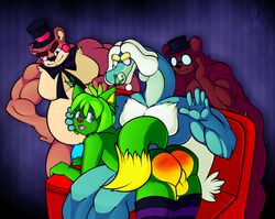 2018 alex_nerpy_fox angus_delaney anthro bulge clothing collectollider crossover drampa eyewear five_nights_at_freddy's freddy_(fnaf) furry glasses hat headgear headwear hi_res male male/male mammal muscular night_in_the_woods nintendo pokémon_(species) pokemon punishment punishment_spanking spanking testicles ursid video_games