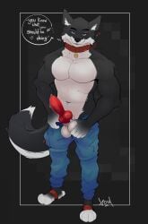 4_toes 5_fingers animal_genitalia animal_penis anthro ball_grab balls black_background black_eyebrows black_nose bodily_fluids bottomwear canid canine canine_genitalia canine_penis canis clothed clothing collar collar_tag dipstick_tail english_text eyebrows feet fingers fur genital_fluids genitals grey_eyes heart_symbol hi_res inner_ear_fluff knot knotted_penis kuma-arts looking_at_viewer male mammal markings multicolored_body multicolored_fur navel open_mouth pants penis precum red_penis red_tongue sheath simple_background solo standing tail tail_markings talking_to_viewer teeth text toes tongue tuft vein veiny_penis white_inner_ear_fluff white_sheath wolf