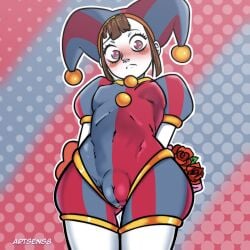 arms_behind_back artist_name artsens8 ass_visible_through_thighs blue_bodysuit blue_eyes blue_headwear blush bodysuit bouquet breasts brown_hair cameltoe clothing colored_skin covered_clitoris covered_nipples cowboy_shot female flower gloves halftone_background hat headwear holding_bouquet jester jester_cap looking_at_viewer multicolored_bodysuit multicolored_clothes multicolored_eyes multicolored_headwear pale_skin polka_dot polka_dot_background pomni_(the_amazing_digital_circus) puffy_short_sleeves puffy_sleeves red_bodysuit red_eyes red_flower red_headwear red_rose rose skin_tight small_breasts solo standing striped_clothes striped_headwear the_amazing_digital_circus thigh_gap two-tone_eyes vertical-striped_clothes white_skin