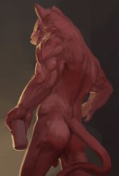 2016 absurd_res anthro athletic athletic_male balls canid canine digital_media_(artwork) fur genitals hi_res holding_object humanoid_genitalia humanoid_penis looking_at_viewer male male_only mammal neungsonie nude penis perineum rear_view red_body red_eyes red_fur simple_background solo