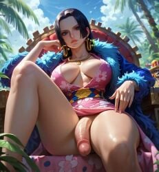 2d ai_generated big_breasts big_penis boa_hancock from_below futa_only futanari looking_at_viewer one_piece serious sitting