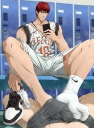 1boy absurdres bara blurry blurry_background blurry_foreground boxer_briefs bulge cellphone cellphone_photo clothes_lift cum depth_of_field erection erection_under_clothes feet footjob gay gym_uniform highres holding holding_phone jacket kagami_taiga kuroko_no_basuke legs locker locker_room looking_at_phone male_focus male_underwear muscular muscular_male nervous_sweating nike non-web_source otoko_no_ko pectorals phone photo_background red_eyes red_hair selfie shoes short_hair shorts smartphone smile sneakers socks sportswear sweat thighs track_jacket trembling underwear yaoi