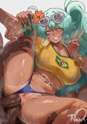 anal anal_sex balls big_breasts bracelet bracelets brazilian brazilian_miku breasts caramel-skinned_female dark-skinned_female dark-skinned_male dark_skin double_anal double_penetration erect_nipples erect_nipples_under_clothes female grin happy_female happy_sex hatsune_miku huge_breasts human jewelry loving_it male meme navel peace_sign penis pussy sex straight sunglasses sunglasses_on_head teal_eyes teal_hair thiccwithaq twintails v vagina vocaloid