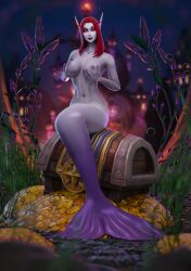 1girls blood_elf breasts character_request holding_breast lidcarter long_hair mermaid purple_skin red_eyes red_hair red_sclera solo world_of_warcraft