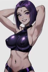 ai_generated big_breasts breasts dc_comics erslait female female_focus female_only goth goth_girl grey_body grey_skin halter_top large_breasts latex_halter_top latex_top latex_topwear purple_eyes purple_hair purple_latex purple_latex_top rachel_roth raven_(dc) solo solo_female teen_titans