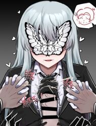 1boy 1girls absurdres angelica_(library_of_ruina) bar_censor black_coat black_gloves black_necktie blush bug butterfly butterfly_over_eye censored coat collared_shirt e.g.o_(project_moon) female gloves handjob hands_up highres holding_hands jjong_(7_jjong_9) lapels library_of_ruina long_hair multi_arm multi_limb necktie notched_lapels parted_lips penis pov pov_hands project_moon roland_(library_of_ruina) shirt sidelocks smile solemn_lament_(e.g.o) stray_pubic_hair very_long_hair white_gloves white_hair white_shirt