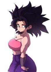 1girls armband armwear baggy_pants big_ass big_butt black_eyes black_hair black_hair_female bored_expression caulifla clothing dragon_ball dragon_ball_super female female_focus female_only female_saiyan large_breasts light-skinned_female looking_away midriff muscular_female pink_topwear purple_pants saiyan shiny_skin shounen_jump simple_background spiky_hair thick_thighs topwear white_background wide_hips