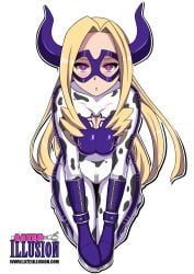 alternate_costume argrim bondage_mittens boob_squish boob_window corruption cow_girl cow_print defeated_heroine human_cattle hypnosis kneeling latex latex_bodysuit latex_clothing latex_suit mount_lady my_hero_academia superheroine