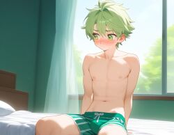 1boy ai_generated bed bedroom bedsheets blossomtea blush_lines collarbone curtains dot_nose embarrassed erection erection_under_clothes eyebrows eyebrows_visible_through_hair feet_out_of_frame genderswap_(ftm) green_eyebrows green_eyes green_hair green_swimming_trunks green_swimsuit light_green_eyes light_green_hair looking_away male male_only navel nipples pillows rule_34-tan rule_34_(booru) rule_63 self_upload sitting_on_bed solo solo_male striped sweat sweatdrops sweating swimming_trunks swimsuit trees trunks_(clothing) white_bed_sheet white_stripes white_swimming_trunks white_swimsuit windows yodayo