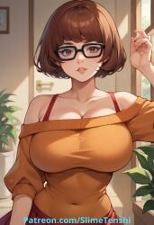 ai_generated big_breasts brown_hair cleavage door glasses looking_at_viewer orange_clothing plant plants pose red_bra red_skirt scooby-doo slimetenshi velma_dinkley