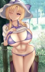 1girls blonde_hair cleavage closed_mouth huge_breasts leaning_forward long_hair looking_at_viewer louise_(touhou) navel one_eye_closed purple_bikini purple_eyes shounen_(hogehoge) sidelocks smile solo touhou touhou_(pc-98) variant_set white_hat