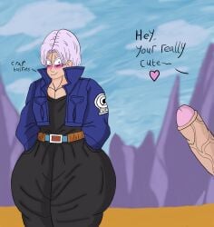 2boys ass big_ass big_butt blue_eyes butt doodle_dingus dragon_ball dragon_ball_z fat_ass fat_butt fully_clothed heart huge_ass huge_butt male male_only penis purple_hair shounen_jump sweat sweating text thick_ass thick_butt trunks_briefs