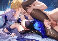 1boy 1girls aether_(genshin_impact) ai_generated big_breasts horny_female keqing_(genshin_impact) keqing_(opulent_splendor)_(genshin_impact) long_hair mihoyo naked pleasure_face sex straight