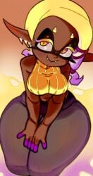 1girls big_breasts bonne cute dark-skinned_female fangs female frye_(splatoon) frye_onaga fully_clothed inkling large_breasts looking_up solo solo_female splatoon splatoon_(series) thick thick_thighs wide_hips