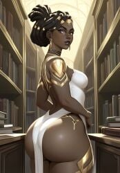 1girls ai_generated arcane ayyaai beauty black_hair book bookshelf breasts brown_skin bubble_ass bubble_butt choker dark-skinned_female dress earrings fat_ass fat_thighs female gold_(metal) gold_jewelry huge_ass large_ass league_of_legends library looking_at_viewer medium_breasts mel_medarda pelvic_curtain solo solo_female solo_focus thick_thighs