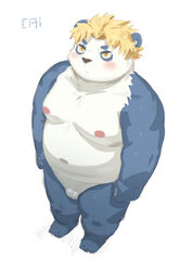 2020 absurd_res anthro belly blue_body blue_fur blush cai1448331577 fur giant_panda hi_res kemono male male_only mammal moobs navel nipples simple_background slightly_chubby solo ursid white_body white_fur