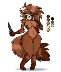 3_toes 4_fingers absurd_res ailurid amber_eyes anthro big_breasts black_nose breasts brown_body brown_fur brown_nipples elk_ridge_(cutlery) erect_nipples eyewear fckinmaggot feet female fingers fluffy fluffy_tail fur genitals glasses hair hi_res holding_object keiko_(vex714) knife long_hair mammal model_sheet navel nipples nude one_eye_closed pussy red_panda round_glasses shadow simple_background smile solo standing tail toes white_background white_body white_fur wide_hips