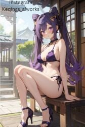 ai_generated bare_arms bare_legs bare_shoulders bare_thighs belly belly_button bikini bikini_top blush breasts cone_hair_bun double_bun female full_body genshin_impact high_heels hips keqing_(genshin_impact) legs outdoors purple_bikini purple_eyes purple_hair sitting toes