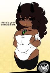 big_breasts black_body black_eyes bottle_between_breasts browm_hair glasses_on_face high_thighs monster_can monster_energy_drink oc original_character talking_to_another unknown_artist white_shirt