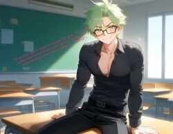 ... 1boy adult adult_male ai_generated belt_buckle black_belt black_eyewear black_glasses black_pants black_shirt blossomtea classroom classroom_desk cleavage closed_mouth english_text eyebrows eyewear genderswap_(ftm) glasses green_eyebrows green_eyes green_hair kivotosxl_(model) light_green_eyes light_green_hair looking_at_viewer male male_cleavage male_only male_teacher pants rule_34-tan rule_34_(booru) rule_63 school self_upload sitting sitting_on_desk smirk smirking smirking_at_viewer solo solo_male square_glasses teacher text tilde_after_text unbuttoned unbuttoned_shirt under-rim_eyewear under-rim_glasses yodayo ~