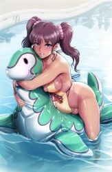 1futa big_breasts big_penis breasts clothed clothing cum cum_through_clothes erection erection_under_clothes floatie futa_only futanari human kakugari_kyoudai light-skinned_futanari light_skin mostly_nude nikuringo penis pool pool_toy precum solo swimsuit water