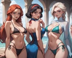 3girls ai_generated ariel ariel_(the_little_mermaid) ass bikini bikini_bottom bikini_top black_hair blue_eyes boobs braid braided_hair braided_ponytail breasts butt curvaceous curvy curvy_body curvy_female curvy_figure disney disney_princess dress elsa_(frozen) female female_focus female_only frozen_(film) harem human long_hair looking_at_viewer medium_breasts red_hair redhead short_hair smile smiling smiling_at_viewer snow_white_(disney) snow_white_and_the_seven_dwarfs snow_white_and_the_seven_dwarfs_(1937_film) string_bikini tagme the_little_mermaid the_little_mermaid_(1989_film) tits white_hair