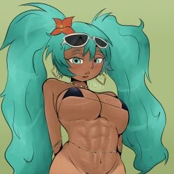 1girls abs big_breasts bikini bracelet brazil brazilian brazilian_female brazilian_flag brazilian_miku crop_top crop_top_overhang dark-skinned_female dark_skin female hatsune_miku jewelry large_breasts leekcheek navel ponytail self_upload solo solo_female solo_focus sunglasses sunglasses_on_head tanline thick_legs thick_lips thick_thighs underboob vocaloid waist_chain wide_hips