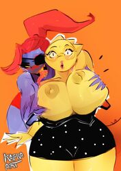 alphys anthro assisted_exposure bedroom_eyes big_breasts breast_grab breast_squeeze breasts clothing dress duo eyepatch female female/female female_only fish from_behind groping_from_behind hand_on_breast huge_breasts kafka_art marine reptile scalie seductive shortstack surprised thick_thighs undertale undyne yuri