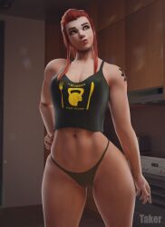 1girls 3d 3d_(artwork) 3d_model artist_name big_breasts black_nail_polish black_nails black_panties black_tank_top black_thong breasts brigitte brigitte_lindholm brown_eyes brown_hair cleavage female freckles hand_on_hip kitchen looking_up midriff muscular muscular_female nail_polish navel overwatch overwatch_2 panties ponytail puckered_lips sidelocks standing takerskiy tank_top tattoo text_on_clothing thighs thong underwear wide_hips