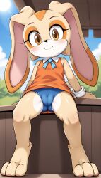 1girls 2024 ai_generated anthro bow_ribbon brown_eyes cameltoe cream_the_rabbit digitigrade dress female female_only hi_res looking_at_viewer looking_down low-angle_view nude nude_female orange_fur outdoors rabbit sega smile sonic_(series) sonic_the_hedgehog_(series) underwear white_fur